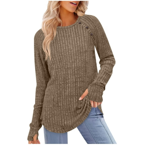 Htigea Womens Ribbed Knit Shirts Crewneck Long Sleeve Top Fall Tunic Tee Casual Cozy Everyday Shirt Coffee XXL