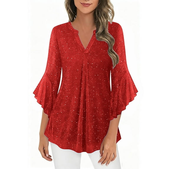 Htigea Womens Ruffled 3/4 Sleeve Sparkly Tops Mesh V-Neck Flowy Shirts Dressy Tunic Blouse for Party Evening Red XL
