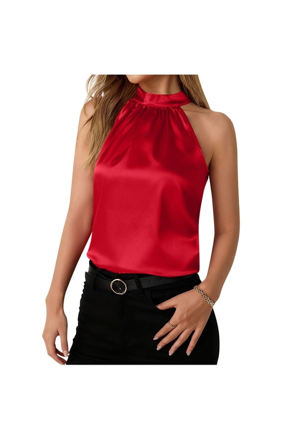 Womens Satin Silk Halter Tank Tops Collared Sleeveless Keyhole Back Shirt Soft Comfy Dressy Casual88Blouses Red S