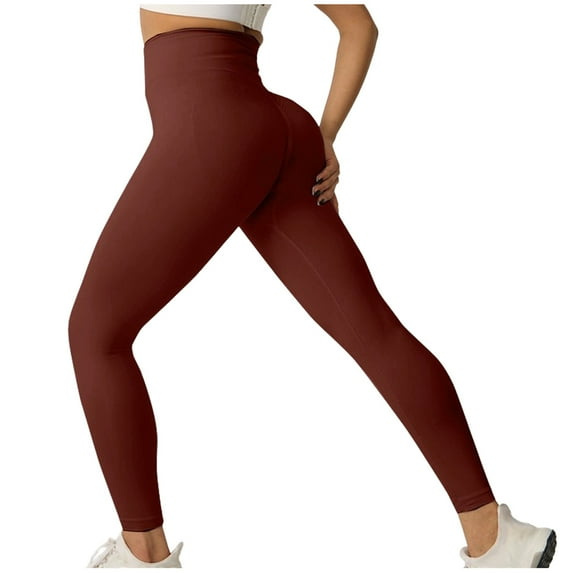 Htigea Womens Seamless Yoga Pants Stretchy High Waisted Butt Lifting Leggings Solid Running Workout Fitness Tights Basic Skinny Bottoms Brown,L