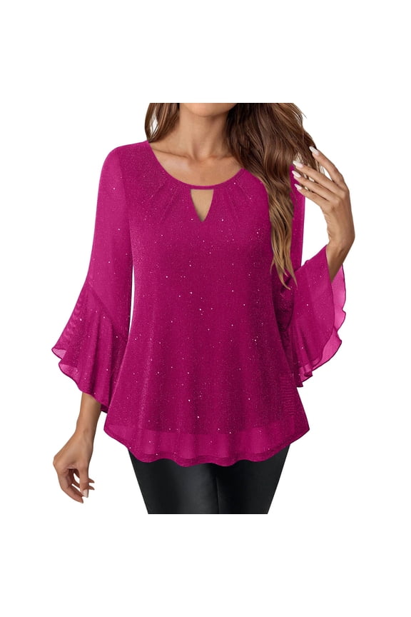 Womens Sequin 3/4 Ruffle Sleeve Tops Cutout Crewneck T-Shirts Flowy Double Layers Mesh Tunic Tees Party Evening Outfits Hot Pink M