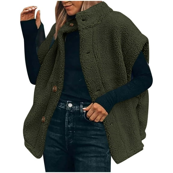 Htigea Womens Sherpa Fleece Vest Oversized Warm Button Down Vest Casual Sleeveless Jacket with Pockets Army Green S