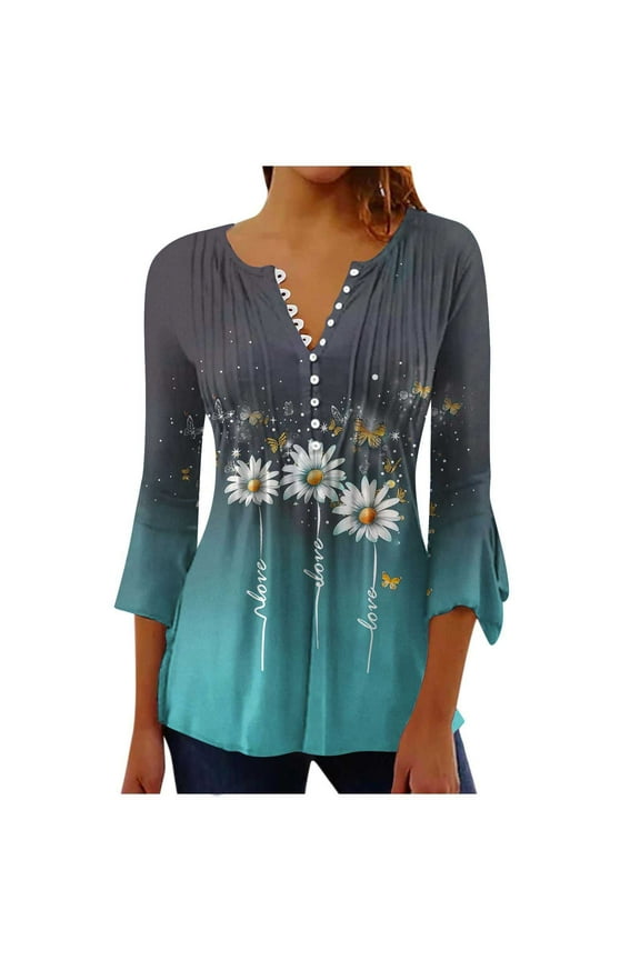 Womens Shirts and Tops Pleated Button Down Tunic Blouse Flare Elbow 3/4 Sleeve Tees Trendy Printed T-Shirts Soft Cozy Daily Wear Blue,S