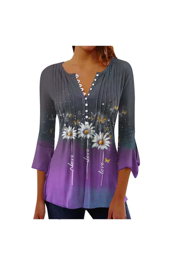 Womens Shirts and Tops Pleated Button Down Tunic Blouse Flare Elbow 3/4 Sleeve Tees Trendy Printed T-Shirts Soft Cozy Daily Wear Purple,XL