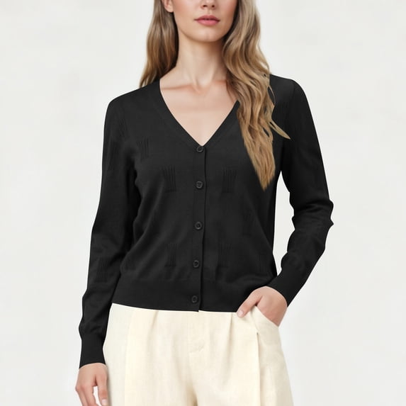 Htigea Womens Short Cardigan Knit Long Sleeve Button Down Open Front Coats Fall Soft Comfy Sweater Cardigans Black L