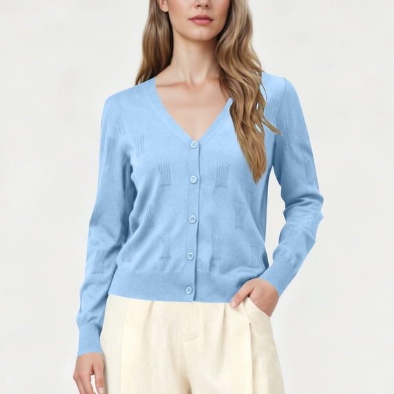 Htigea Womens Short Cardigan Knit Long Sleeve Button Down Open Front Coats Fall Soft Comfy Sweater Cardigans Light Blue L