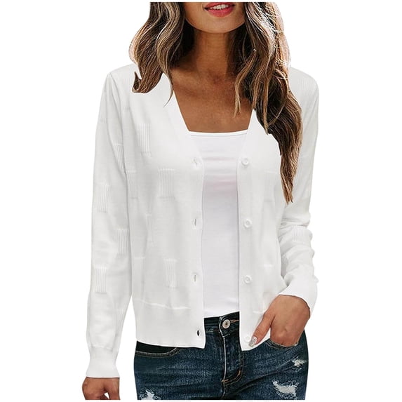 Htigea Womens Short Cardigan Knit Long Sleeve Button Down Open Front Coats Fall Soft Comfy Sweater Cardigans White S