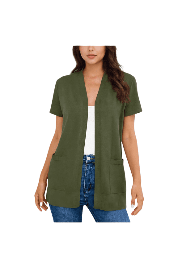 Womens Short Sleeve Cardigans Summer Open Front Tops Soft Lightweight Summer Solid Color Blouses with Pockets Army Green M