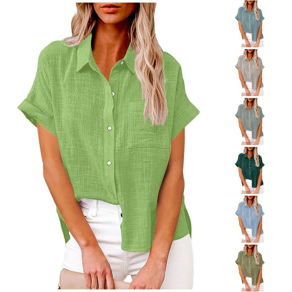 Htigea Womens Short Sleeve Casual Button Down Shirts Summer Soft Fashion Cotton Blouses Tops with Pocket Sky Blue,M