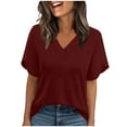 thumbnail image 1 of Htigea Womens Short Sleeve Shirts Dressy V Neck Basic Tee Casual Tunics Tops Solid Color Summer Outfits Wine S, 1 of 6