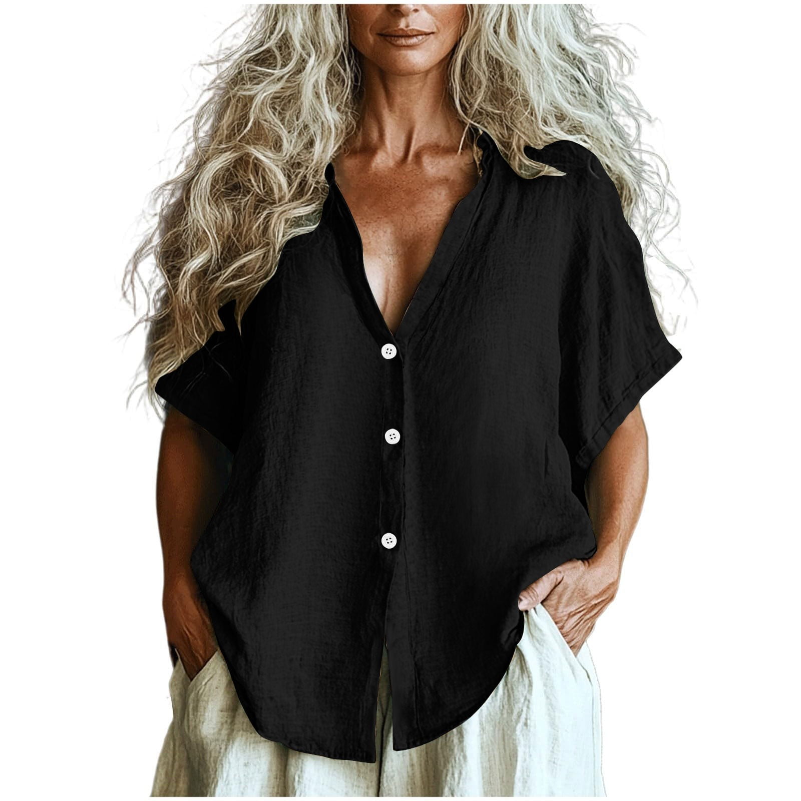 Htigea Womens Short Sleeve Shirts V Neck Collared Button Down Shirt ...