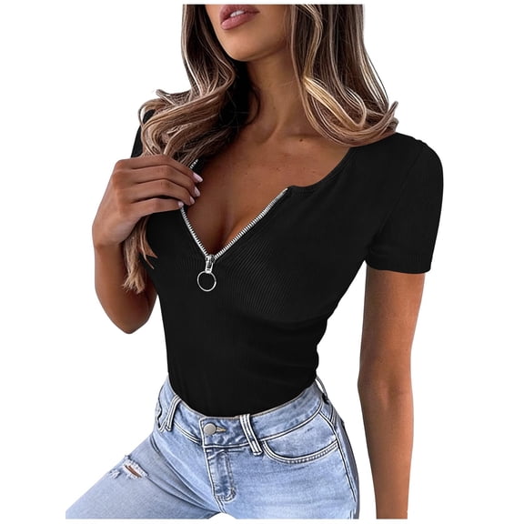 Htigea Womens Short Sleeve Tops 1/4 Zip Low Cut Henley Shirts Summer Slim Fit Tees Trendy Club Party Going Out Blouses Black L