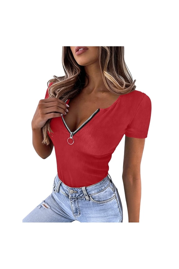 Womens Short Sleeve Tops 1/4 Zip Low Cut Henley Shirts Summer Slim Fit Tees Trendy Club Party Going Out Blouses Red S