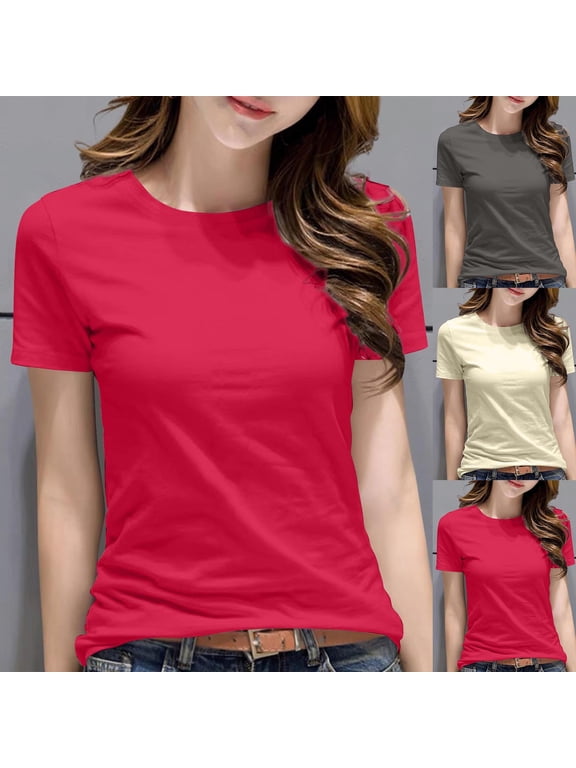 Htigea Womens Short Sleeve Tops Summer T Shirts Round Neck Causal Fashion Basic Tee Beige,XL