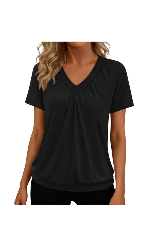 Womens Shorts Sleeve T Shirts Pleated V Neck Tunic Tops Soft Comfy Casual Loose Fit Tee for Daily Black S