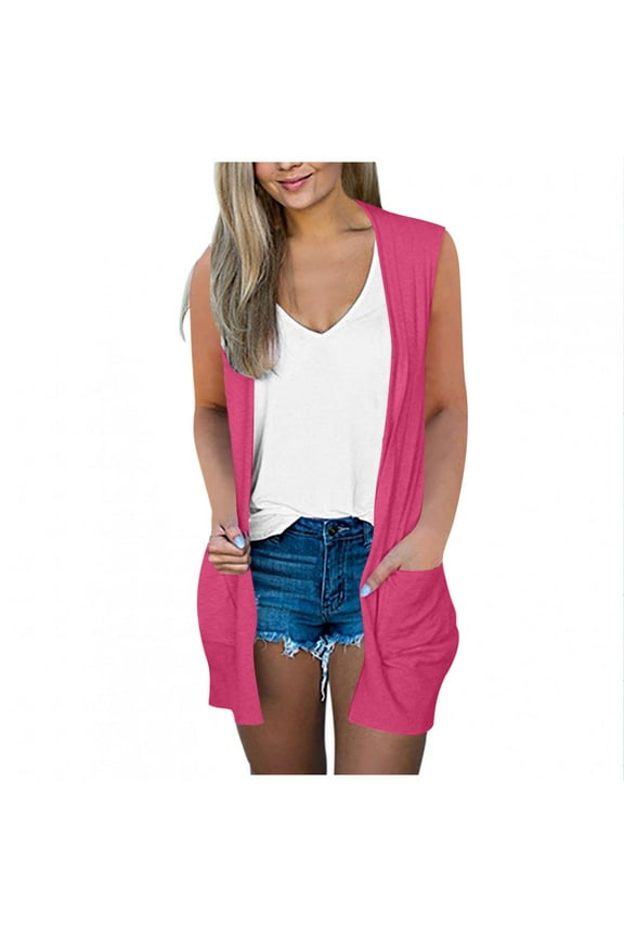 Womens Sleeveless Cardigans Tops Solid Color Open Front Vest Blouses Soft Cozy Beach Cardigan with Pockets Hot Pink,M
