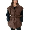 thumbnail image 1 of Htigea Womens Sleeveless Jackets Puffer Stand Collar Vest with Belt and Pockets Ladies Fall Winter Warm Vests Coffee L, 1 of 9