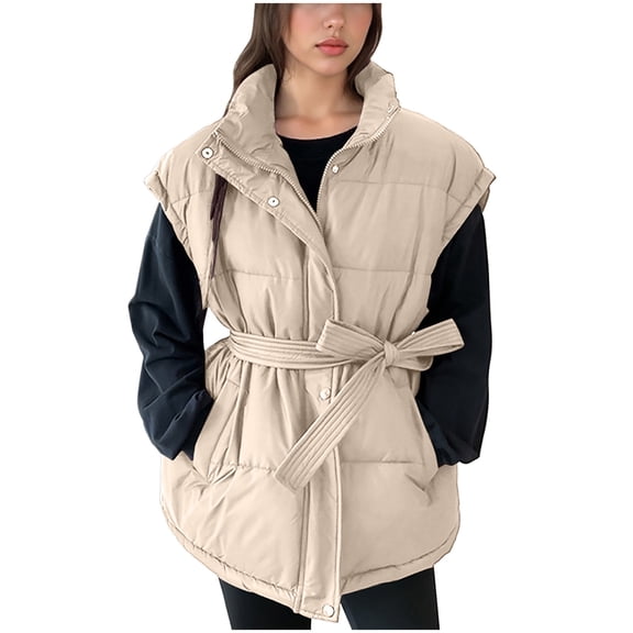 Htigea Womens Sleeveless Jackets Puffer Stand Collar Vest with Belt and Pockets Ladies Fall Winter Warm Vests Khaki L