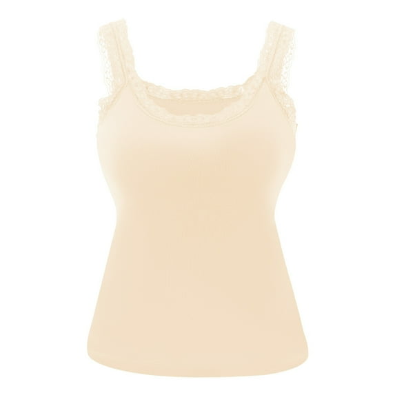 Htigea Womens Sleeveless Tank Top Lace Square Neck Camisole with Build in Bra Slim Summer Base Layer Shirts Beige L
