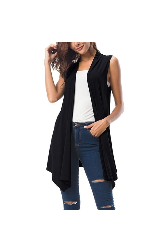 Womens Sleeveless Vest Cardigans Sleeveless Draped Open Front Tops Soft Asymmetric Hem Shawl Cardigan Black L
