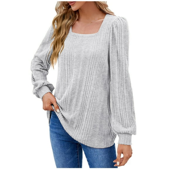 Htigea Womens Square Neck Long Sleeve Tops Casual Loose Tunic Shirts Lightweight Fall Tee Gray L