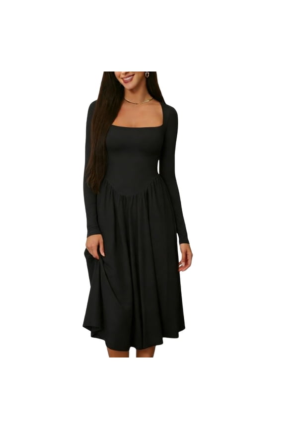 Womens Square Neck Midi Dress Long Sleeve Drop Waist A-Line Dress Elegant Evening Wedding Guest Dresses Black S