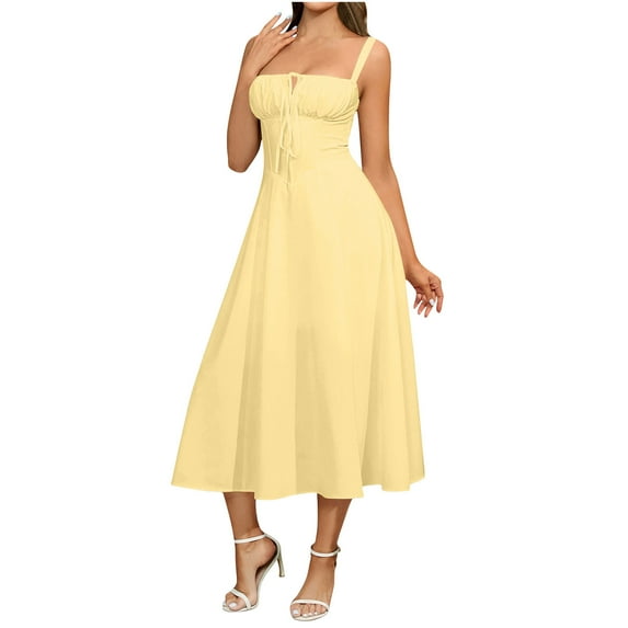 Htigea Womens Square Neck Midi Dress Summer Low Cut Sleeveless Dresses Solid Color Slit Hem Corset Sundress Yellow,M
