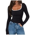 thumbnail image 1 of Htigea Womens Square Neckline Tops Slim Fit Long Sleeve Shirts Color Block Pullover Fall Versatile Base Layer to Wear with Coat Black M, 1 of 9