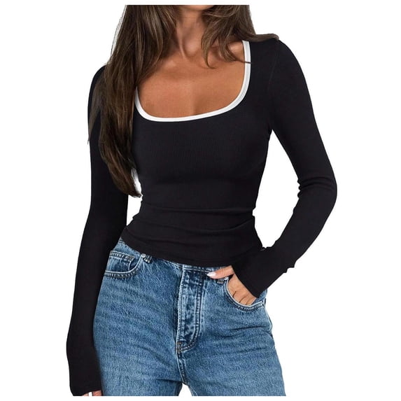 Htigea Womens Square Neckline Tops Slim Fit Long Sleeve Shirts Color Block Pullover Fall Versatile Base Layer to Wear with Coat Black M