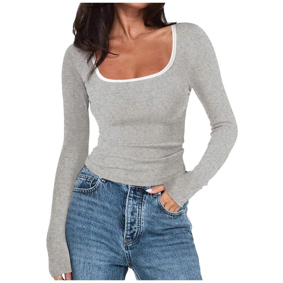 Htigea Womens Square Neckline Tops Slim Fit Long Sleeve Shirts Color Block Pullover Fall Versatile Base Layer to Wear with Coat Gray XXL