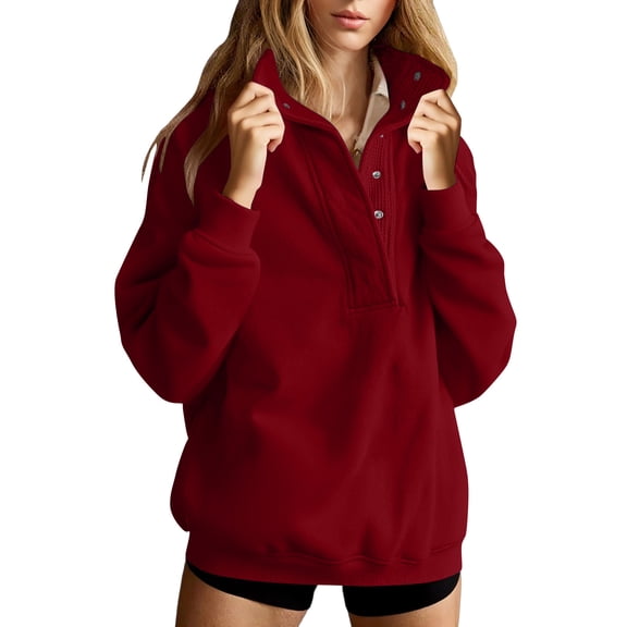 Htigea Womens Stand Collar Sweatshirts Oversized Button Up Pullover Tops | Loose Casual, Soft Comfy, School Daily Wear, Fall Winter Clothes Wine S