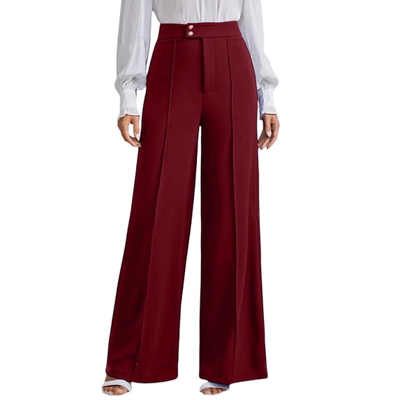 Htigea Womens Straight Leg Dress Pants High Waisted Button Pleated Business Trousers Solid Color Office Work Commute Pant Red S