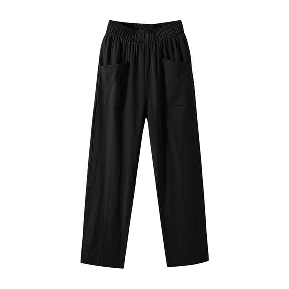 Htigea Womens Straight Leg Gauze Pants Elastic Waist Cotton Linen Slacks Summer Lightweight Beach Vacation Pant with Pockets Black S