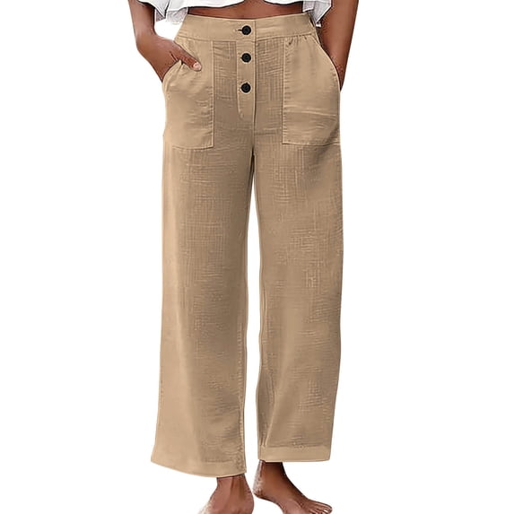 Htigea Womens Straight Leg High Waisted Pants Solid Color Slacks Summer Casual Beach Vacation Pant with Pockets Khaki XXL
