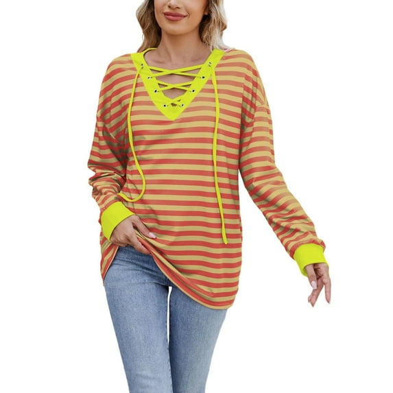 Htigea Womens Striped Long Sleeve Tunic Top Drawstring V Neck Shirt Casual Comfy Pullover Fall Clothes Orange XL