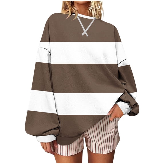 Htigea Womens Striped Oversized Sweatshirts Casual Long Sleeve Crewneck Pullover Trendy Color Block Tops Fall Outfits 2026 Brown XXL
