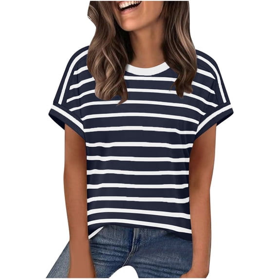 Htigea Womens Striped Short Sleeve Shirts Summer Crew Neck Tees Casual Loose Fit Pullover Tops Navy S