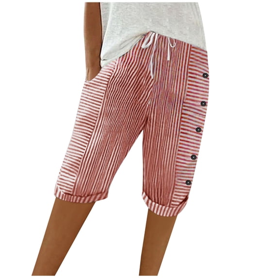 Htigea Womens Striped Shorts Summer Elastic Waist Knee-Length Shorts Casual Trendy Side Button Shorts with Pocket Red XXL