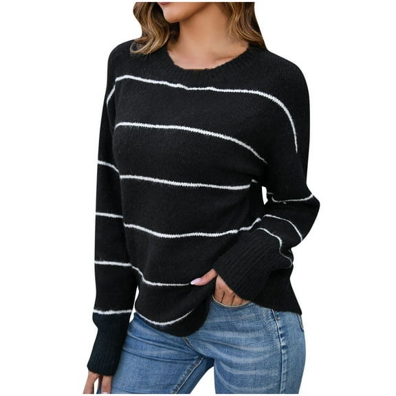 Htigea Womens Striped Sweaters Casual Crew Neck Long Sleeve Knit Pullover Fall Winter Jumper Tops Black L