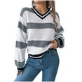 thumbnail image 1 of Htigea Womens Striped Sweaters Casual V Neck Long Sleeve Loose Knitwear Preppy Trendy Pullover Tops for School White S, 1 of 5