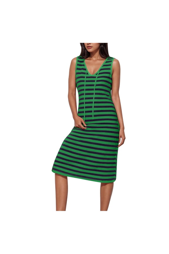 Womens Striped Tank Dress Summer V-Neck Sleeveless Dresses String Side Slit Casual Beach Dress Green,S