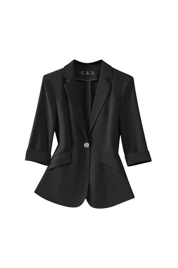 Womens Suit Jackets 3/4 Sleeve Collared Blazer Button Front Comfy Cardigan Solid Color Dressy Coat Black,XL