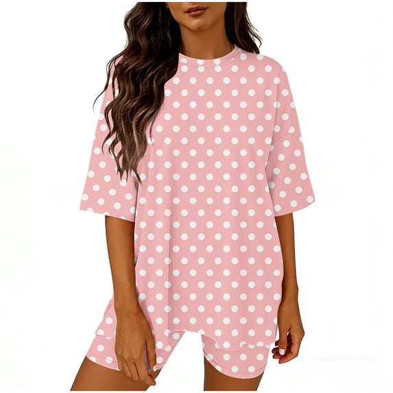 Htigea Womens Summer 2 Piece Outfits Crewneck Tunic Tshirts Matching Slim Fit Shorts Cute Polka Dots Lounge Sets Pink S