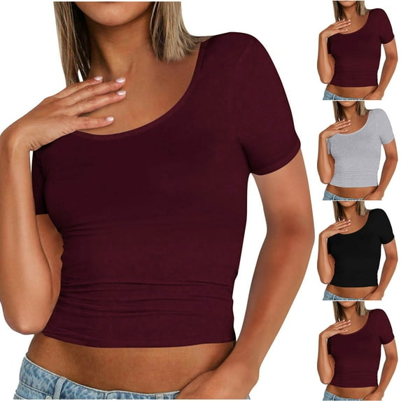 Htigea Womens Summer Crop Tops Short Sleeve Round Neck T-Shirts Loose Fit Casual Blouse Black,XS