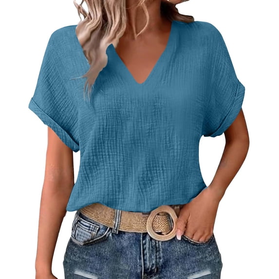 Htigea Womens Summer Linen Shirts V Neck Rolled Short Sleeves Tunic Tees Casual Loose Fit Tops Navy M