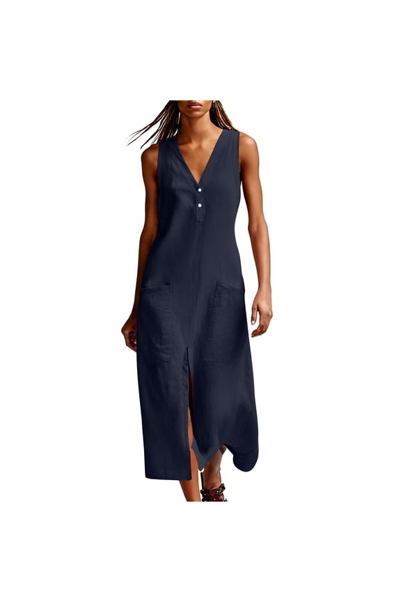 Womens Summer Long Dresses Cotton Linen V Neck Sleeveless Maxi Dress Front Split Beach Vacation Sundress Navy S
