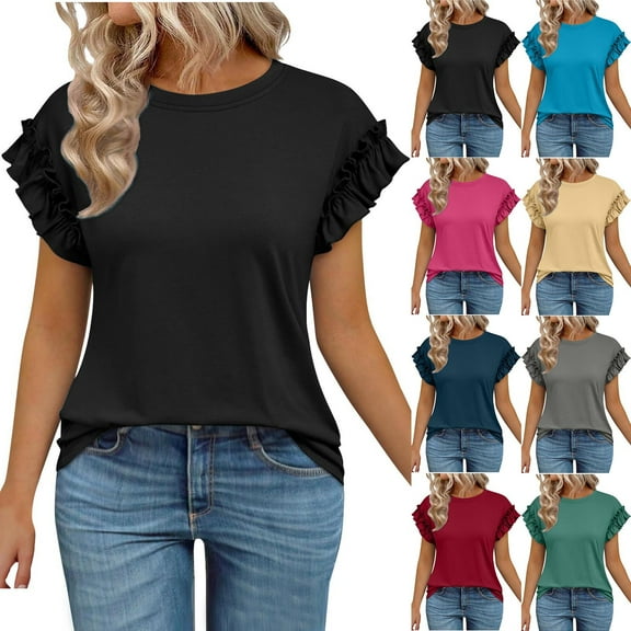 Htigea Womens Summer Shirt V Neck Casual Tshirts Puff Sleeve Tops for Women Trendy 2025 Tunic Solid Color Red,S