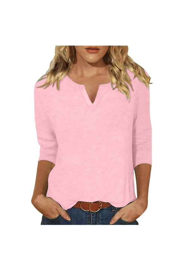 Womens Summer T-Shirts Casual 3/4 Sleeve Notch V-Neck Tees Tunic Top Solid Color Basic Pullover Blouse Pink,2XL