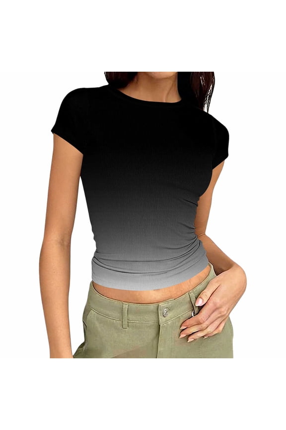 Womens Summer T Shirts Ribbed Knit Slim Fit Crop Tops Short Sleeve Tee Lightweight Gym Workout T-Shirt Black S