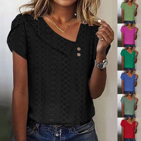 Htigea Womens Summer Tops Dressy Casual Crewneck Short Sleeve Shirts Solid Hollow Out Knit Loose Blouses Green,4XL